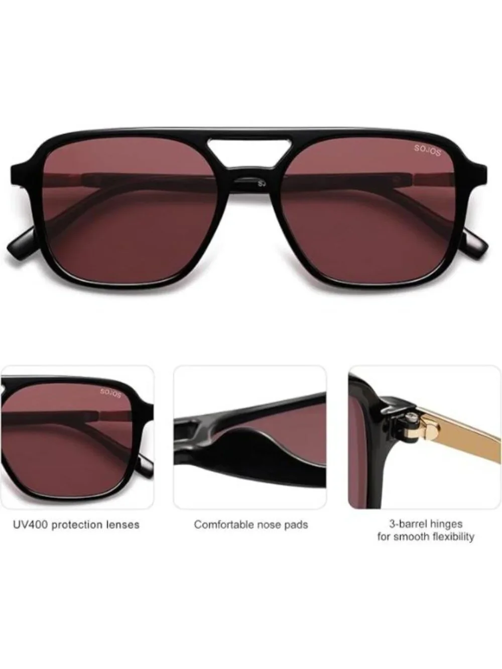 SOJOS Women Aviator Sunglasses Rectangle Sun Glasses Black Frame Red Lens